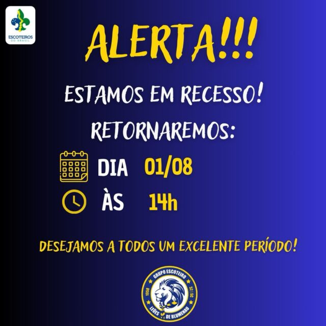 📢 Aviso de Recesso
Informamos que estaremos em recesso.
📅 Retornaremos às atividades no dia 01/08, às 14h.
Agradecemos a compreensão e desejamos a todos um excelente período!
Até breve!