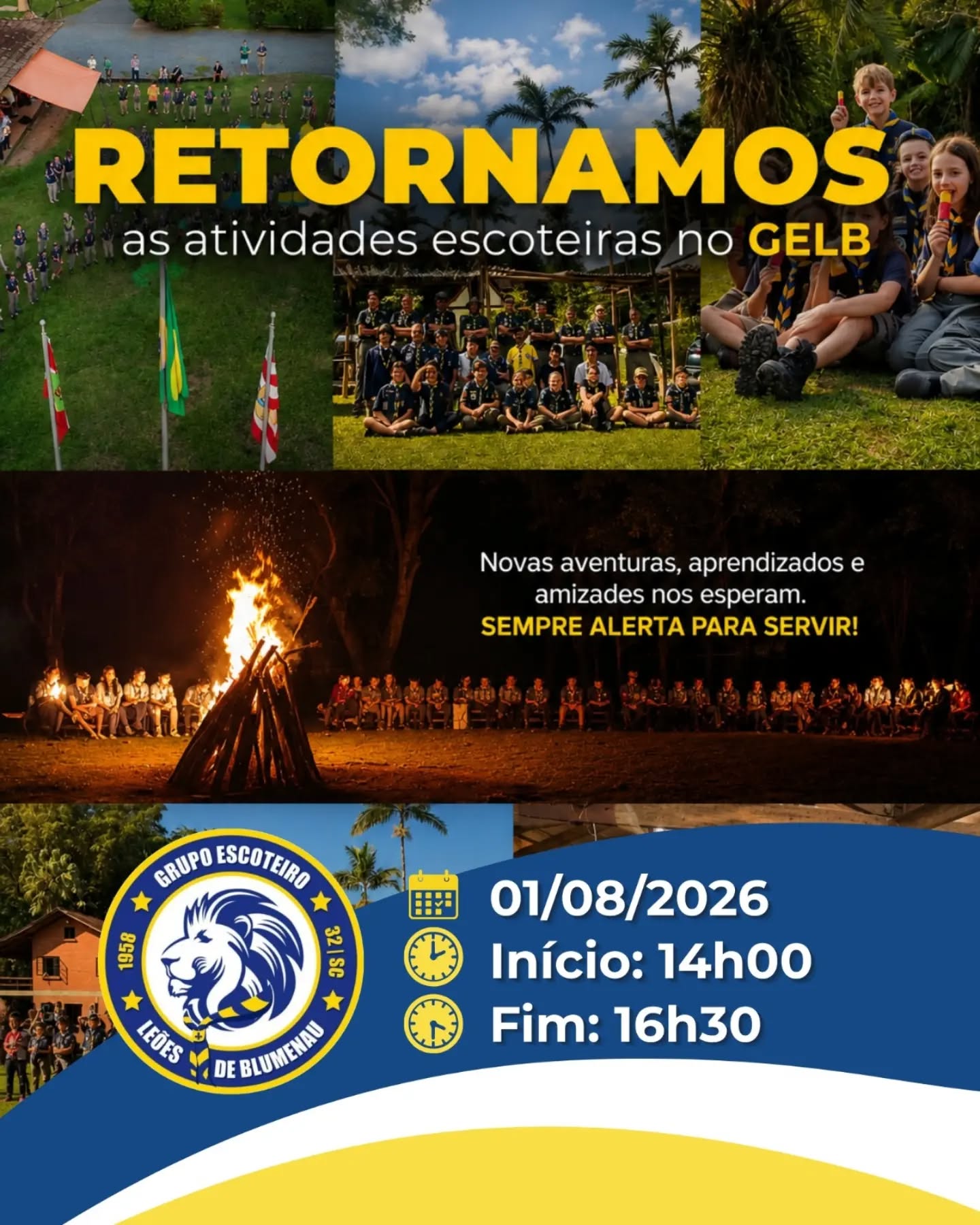 Famílias do GELB, as férias foram boas, mas já estamos com saudade do pátio cheio e de muita aventura.
Para que todo mundo consiga se organizar em casa e ninguém fique de fora, aqui estão os detalhes do nosso retorno oficial:
Data: 1º de agosto (neste sábado)
Horário: das 14h00 às 16h30
Preparem o lenço, a garrafinha de água e mandem as crianças e os jovens com a energia totalmente recarregada. A presença de cada um deles faz toda a diferença para que esse novo semestre seja incrível.
Qualquer dúvida, é só chamar a gente por aqui. Nos vemos na sede. Sempre Alerta! ⚜️🏕️
#Escotismo #GELB #SempreAlerta #FamíliaEscoteira #VoltaÀsAtividades
