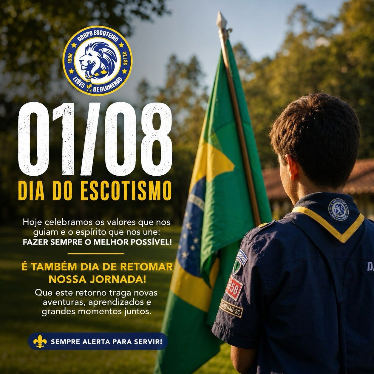 Para celebrar o espírito do Dia do Escotismo do melhor jeito possível, temos uma notícia excelente. O recesso acabou e as atividades do GELB estão de volta.
Pode marcar na agenda para não esquecer nenhum detalhe:
Data: 1º de agosto de 2026
Horário: das 14h00 às 16h30
É o nosso momento de rever os amigos, aprender coisas novas e curtir nossas clássicas aventuras ao ar livre. Prepare a garrafinha de água, coloque o lenço no pescoço e venha com muita energia para começarmos esse novo ciclo com tudo.
Nos vemos lá na sede. Sempre Alerta! ⚜️🏕️