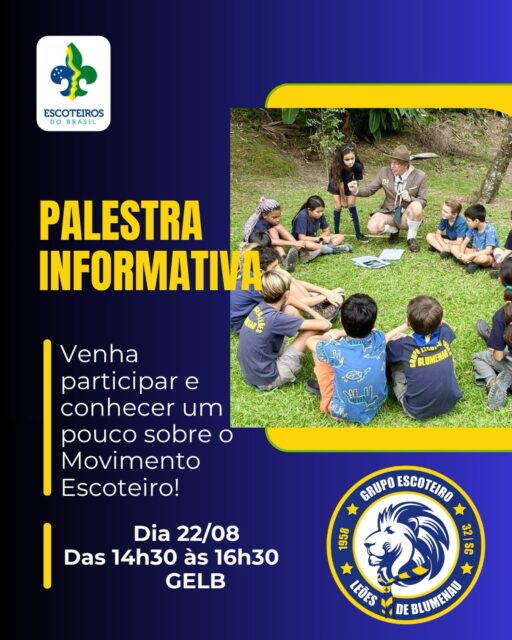 Convite Especial! 🌟

Pais e responsáveis , vocês estão convidados para uma palestra informativa sobre o Movimento Escoteiro.

📅 Data: 22/08
📍 Local: Sede do GELB

Venha conhecer nossas atividades, valores e como o escotismo contribui para o desenvolvimento de crianças e jovens. Será um momento aberto para tirar dúvidas e participar conosco.

Esperamos vocês! 🙂
